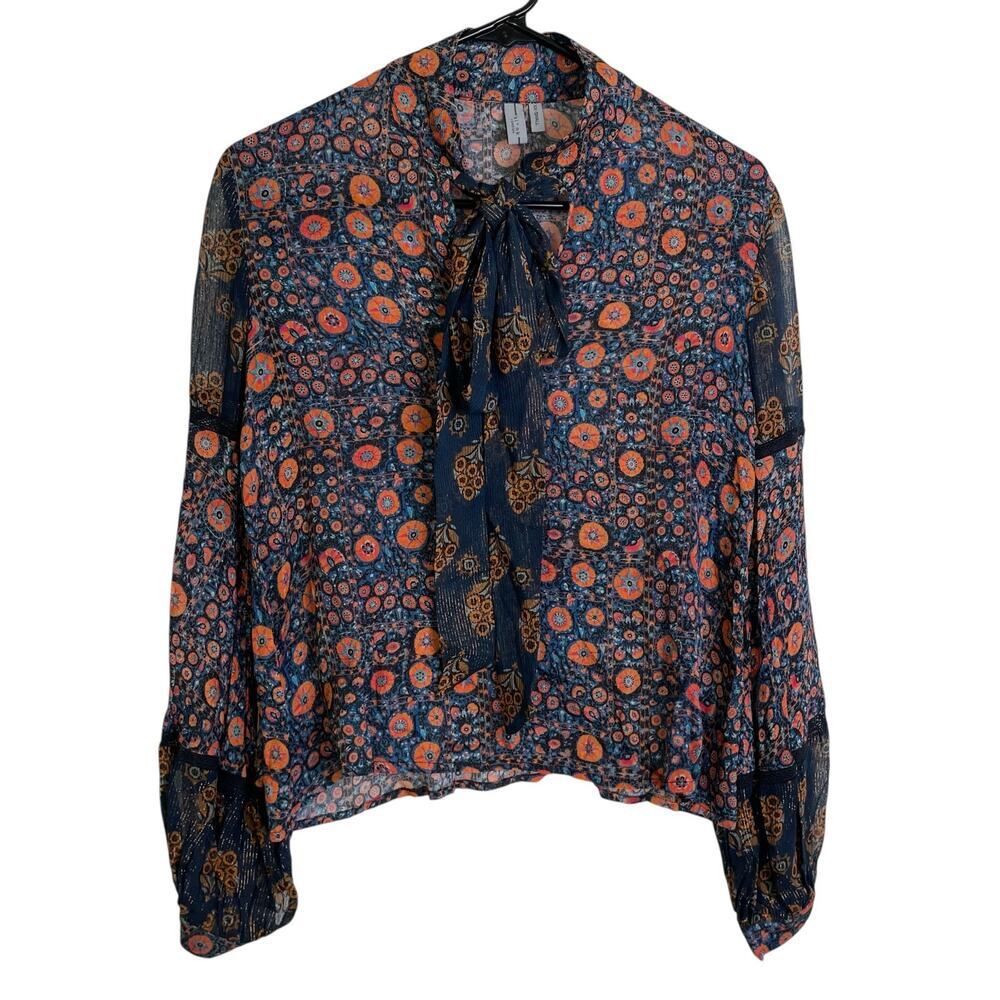 Blink London Floral Blouse Womens XXS Tie Neck Multicolor Balloon Sleeve Sheer